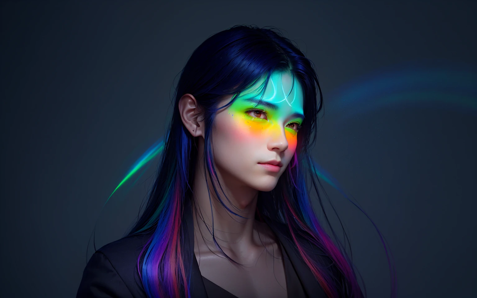 Alavd image of a man with rainbow light on his face, inspired by Yanjun Cheng, inspired author:Russell Dongjun Lu, Glowing with color, Inspired by jeonseok lee, yanjun chengt, author:Russell Dongjun Lu, by Yanjun Cheng, Luminous aesthetics, Color Portrait, Glowing rainbow face, Radiant face, Aesthetic portrait