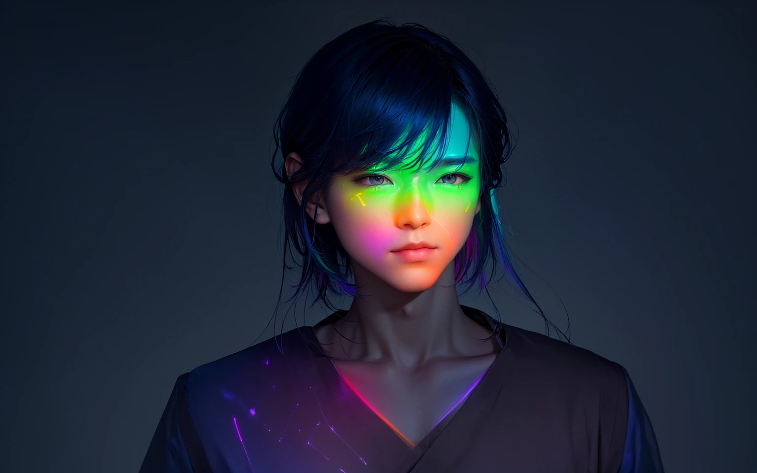 Alavd image of a man with rainbow light on his face, inspired by Yanjun Cheng, inspired author:Russell Dongjun Lu, Glowing with color, Inspired by jeonseok lee, yanjun chengt, author:Russell Dongjun Lu, by Yanjun Cheng, Luminous aesthetics, Color Portrait, Glowing rainbow face, Radiant face, Aesthetic portrait