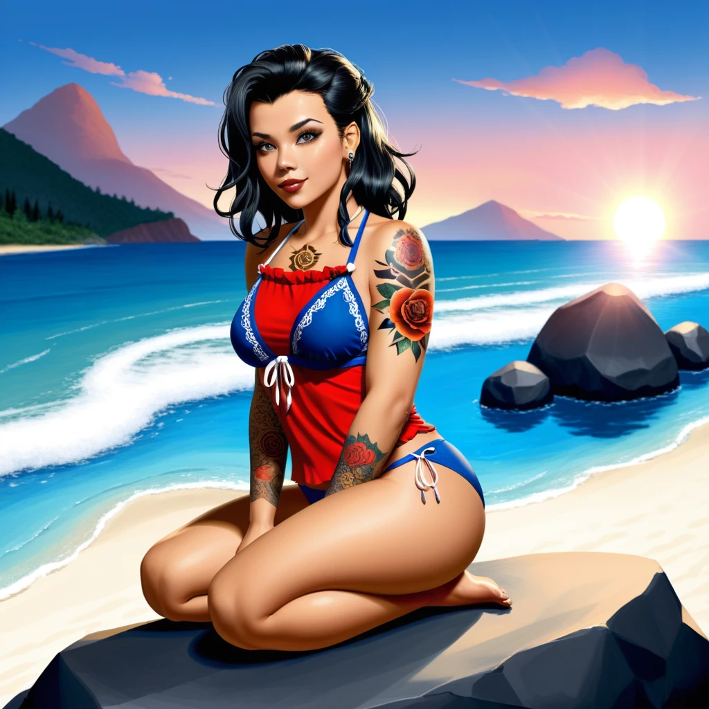 Beautiful picture of fade_valorant sitting on the beach enjoying the view, bikini, sitting on a rock, sunset, shoulders tattoo of a bear paw