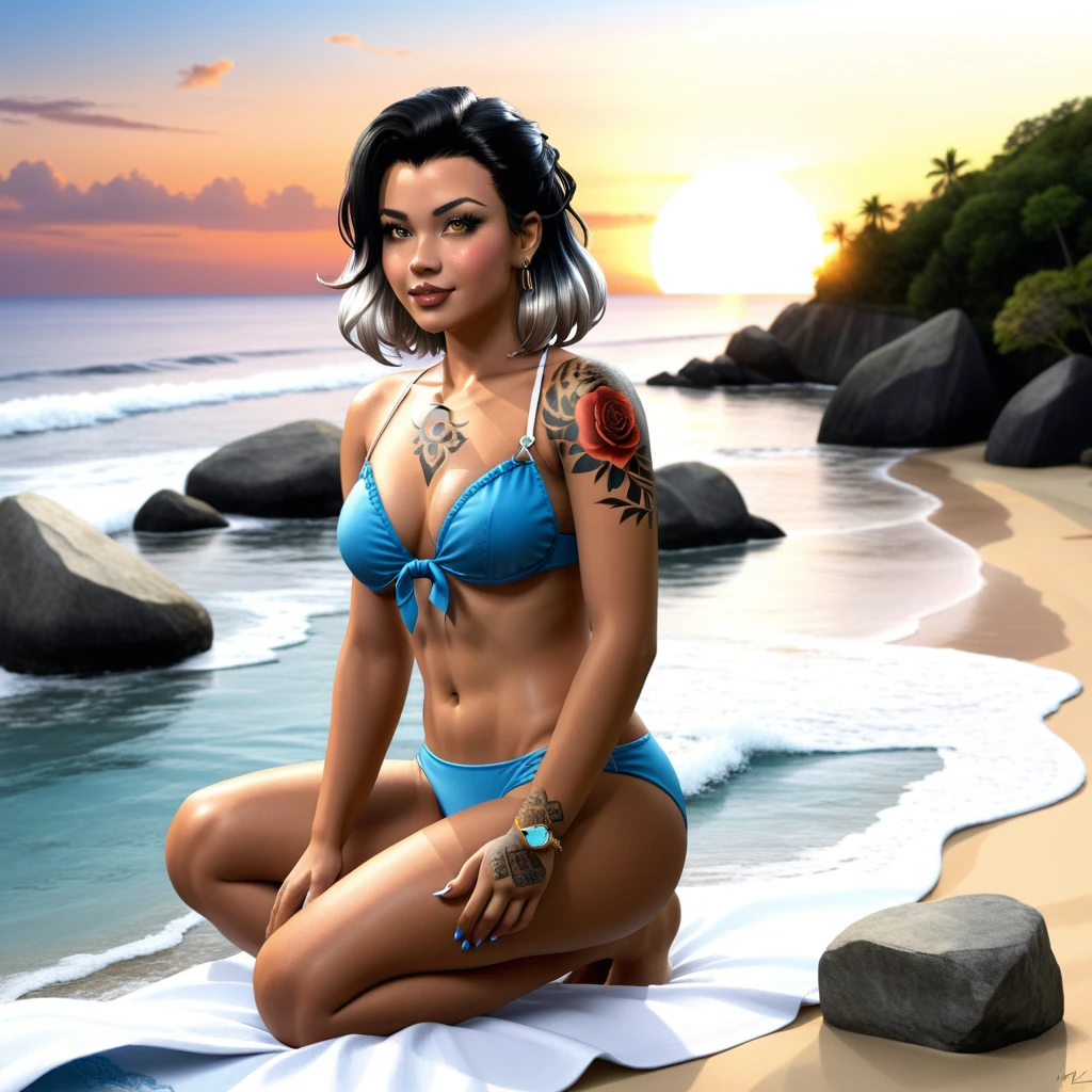 Beautiful picture of fade_valorant sitting on the beach enjoying the view, bikini, sitting on a rock, sunset, shoulders tattoo of a bear paw