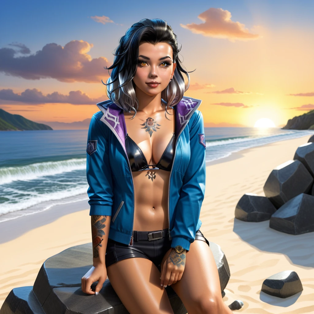 Beautiful picture of fade_valorant sitting on the beach enjoying the view, bikini, sitting on a rock, sunset, shoulders tattoo of a bear paw