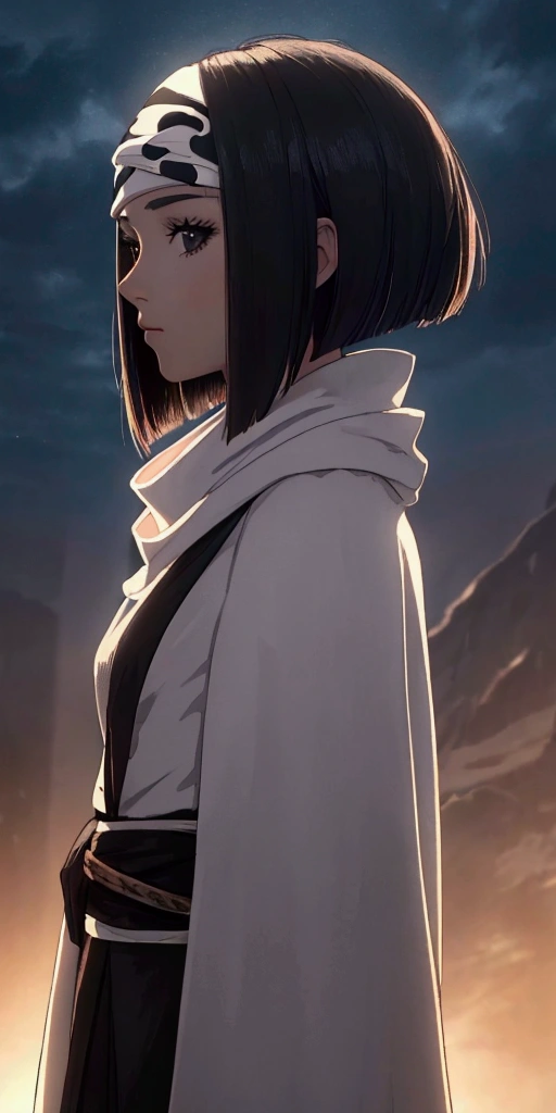 beautiful young girl with a bob haircut, standing alone, wearing a cowl headband, in profile, looking directly at the viewer, (best quality, 4k, 8k, highres, masterpiece:1.2),