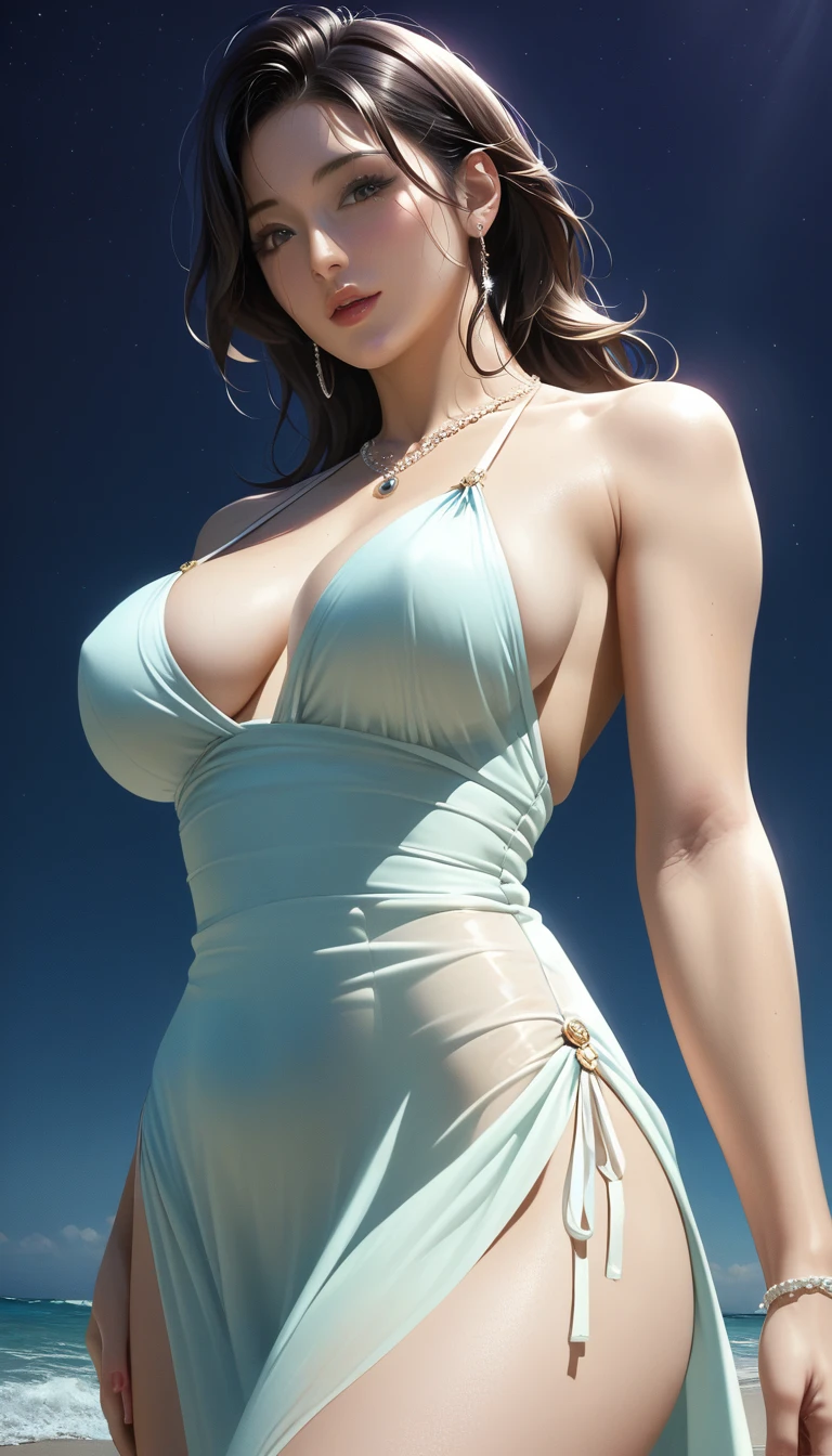score_9, score_8_superior, score_7_superior, Masterpieces with up to 16K resolution,Highest quality,it is really amazing,Very detailed,Ultra-high resolution,Real,Realistic,Increased depth of field,Cinematic lighting,
(sexy japanese milf:1.5),
Long black hair,Ultra-detailed and beautiful faces,Translucent white skin,Very detailedな肌の質感,Slender body,Anatomically correct body,
(elegant beach dress:1.5),
Summery design,Beautiful and detailed pattern,Detailed fabric texture,
Gorgeous necklace,Earrings,
(Coastal scenery at night:1.5),
Dark Clouds,Dark Sky,delay々Continuing sandy beach, Deserted Beach,Dark sea surface,
Low angle shot,