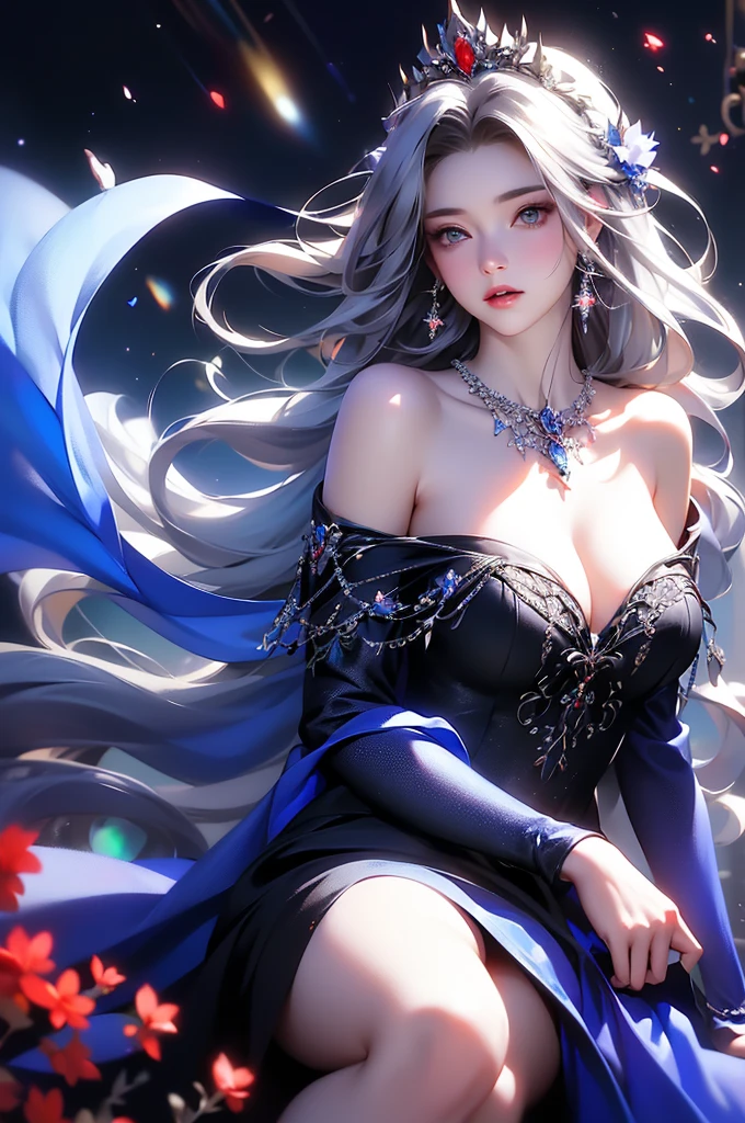 (masterpiece:1.5, Highest quality, Very detailed、 Dutch Angle、Semi-realistic、Fantasy)(One Girl, alone)(White and beautiful hair:1.4,,Straight Long Hair)(Dress in black tones、Fantasyの衣装)、((Off the shoulder、Mid-chest、ruby necklace))(Beautiful cleavage、Legs wrapped in tights)(Beautiful starry sky、Mystical Night、Particles of light float around the woman、Fantasy space) Waiting to start