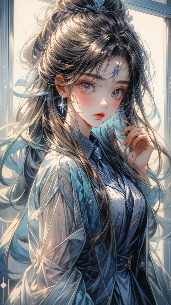 This image is of an anime-style character with medium-length brown hair, wearing two hair clips on the left side of her head. The character has large, expressive brown eyes and is depicted with her hands pressed against a transparent surface, creating the impression that she is looking through a glass window or screen. The palms of her hands have marks or smudges, and she appears to be surprised or curious. She is dressed in a dark blue jacket and a light-colored shirt with a blue tie.
