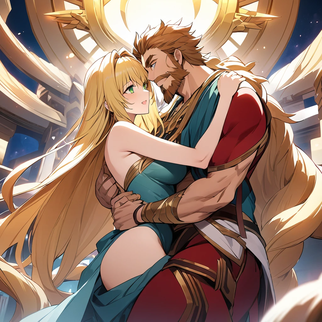 ((Highest quality)), ((masterpiece)), (detailed), (Perfect Face)、Women are divine in both mind and body, like the Greek goddess Hera.々Hera, the wife of Zeus, king of the gods, is happily embracing a man.、The woman is the goddess Hera, queen of the one and only god Zeus. She has green eyes, blonde medium-long hair, wears a gorgeous Doric chiton, an engagement ring, and gorgeous accessories. She is an elegant, graceful, and beautiful goddess, Hera, the wife of Zeus.、The woman is depicted on a magnificent temple throne in company with the regal, bearded, elderly god Zeus, clad in a Doric chiton.、The man is the bearded, elderly god Zeus, wearing a dignified Doric chiton, embracing a woman.