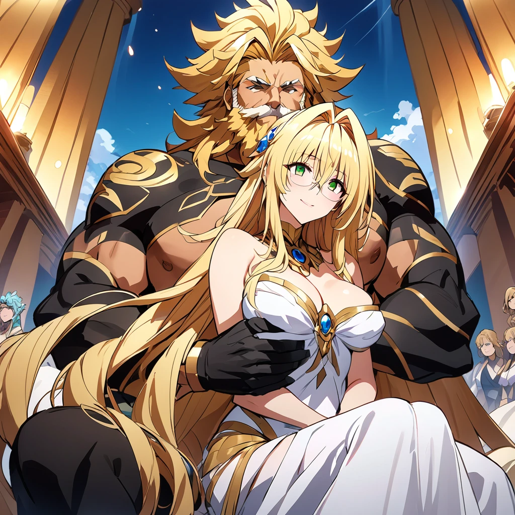 ((Highest quality)), ((masterpiece)), (detailed), （Perfect Face）、Women are divine in both mind and body, like the Greek goddess Hera.々Hera, the wife of Zeus, king of the gods, is happily embracing a man.、The woman is the goddess Hera, queen of the one and only god Zeus. She has green eyes, blonde medium-long hair, wears a gorgeous Doric chiton, an engagement ring, and gorgeous accessories. She is an elegant, graceful, and beautiful goddess, Hera, the wife of Zeus.、The woman is depicted on a magnificent temple throne in company with the regal, bearded, elderly god Zeus, clad in a Doric chiton.、The man is the bearded, elderly god Zeus, wearing a dignified Doric chiton, embracing a woman.