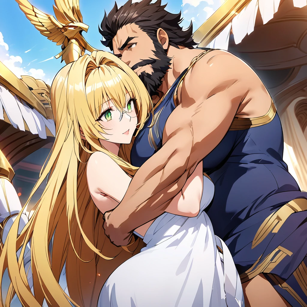 ((Highest quality)), ((masterpiece)), (detailed), (Perfect Face)、Women are divine in both mind and body, like the Greek goddess Hera.々Hera, the wife of Zeus, king of the gods, is happily embracing a man.、The woman is the goddess Hera, queen of the one and only god Zeus. She has green eyes, blonde medium-long hair, wears a gorgeous Doric chiton, an engagement ring, and gorgeous accessories. She is an elegant, graceful, and beautiful goddess, Hera, the wife of Zeus.、The woman is depicted on a magnificent temple throne in company with the regal, bearded, elderly god Zeus, clad in a Doric chiton.、The man is the bearded, elderly god Zeus, wearing a dignified Doric chiton, embracing a woman.