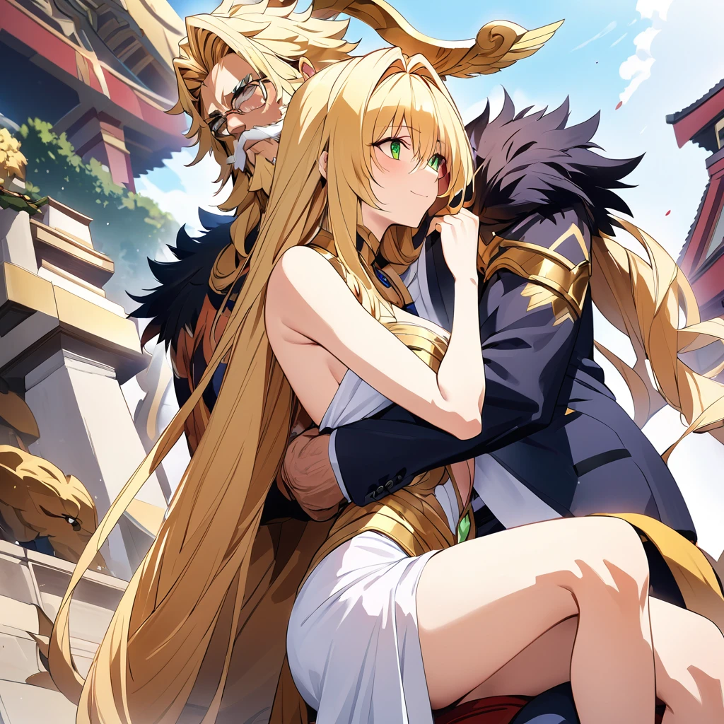 ((Highest quality)), ((masterpiece)), (detailed), (Perfect Face)、Women are divine in both mind and body, like the Greek goddess Hera.々Hera, the wife of Zeus, king of the gods, is happily embracing a man.、The woman is the goddess Hera, queen of the one and only god Zeus. She has green eyes, blonde medium-long hair, wears a gorgeous Doric chiton, an engagement ring, and gorgeous accessories. She is an elegant, graceful, and beautiful goddess, Hera, the wife of Zeus.、The woman is depicted on a magnificent temple throne in company with the regal, bearded, elderly god Zeus, clad in a Doric chiton.、The man is the bearded, elderly god Zeus, wearing a dignified Doric chiton, embracing a woman.