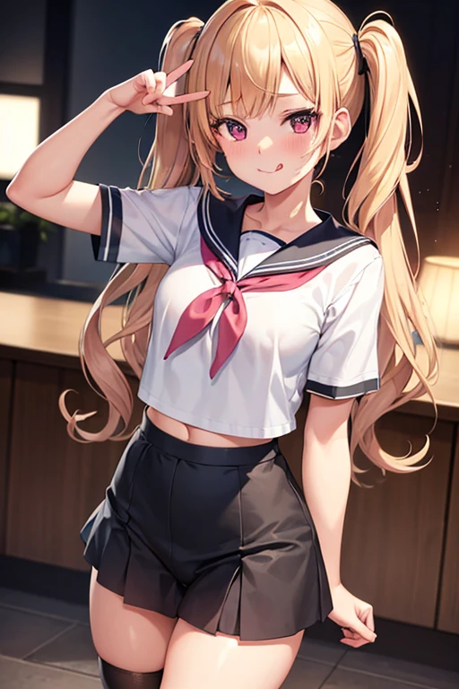 1 girl, cute girl, blonde hair, twin tails, wavy hair, pink eyes, mischievous expression, mischievous girl, , sailor uniform, immature body, small breasts, tongue out, long and cute tongue, smiling, sweating, best quality, 4k, 8k, highres, masterpiece:1.2, ultra-detailed, realistic, photorealistic, photo-realistic:1.37, HDR, UHD, studio lighting, ultra-fine painting, sharp focus, physically-based rendering, extreme detail description, professional, vivid colors, bokeh, anime, kawaii,sexy panties