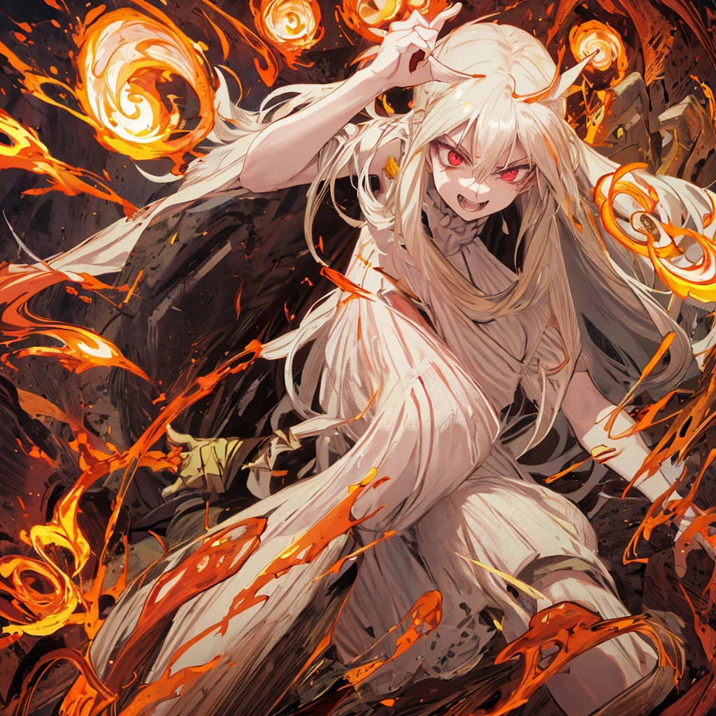 Lava everywhere, 1 girl, bright yellow hair, long hair, white skin, pale skin, burgundy eyes, rage face, dynamic pose, point of view from the front