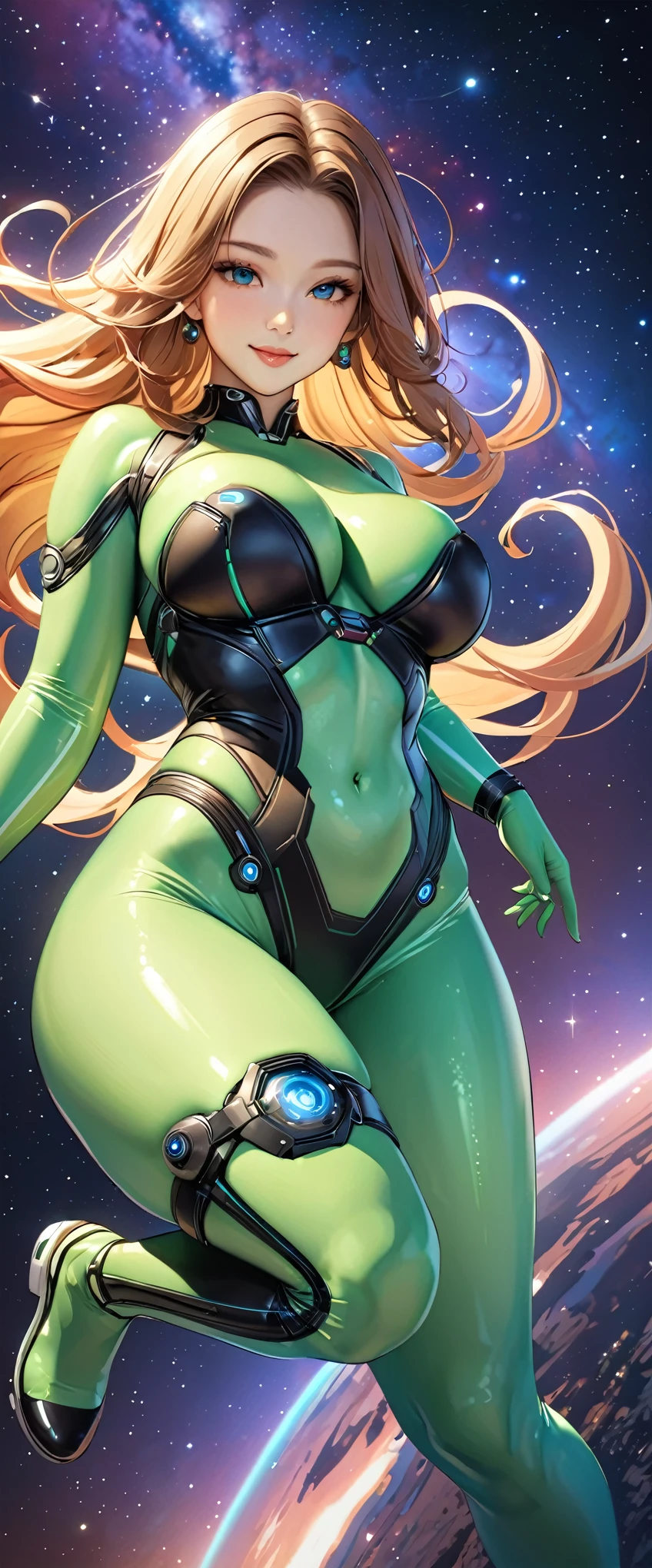 (Beautiful alien woman floating in space),((Green Skin)),(Very long tentacle hairs),Space Tech Suit,Milky Way,milky way,(Cute smile),(sexy),(Voluptuous),(Big Breasts),(Thick thighs),(((Hand,detailed,perfect,perfection,hands))),(dynamic)
