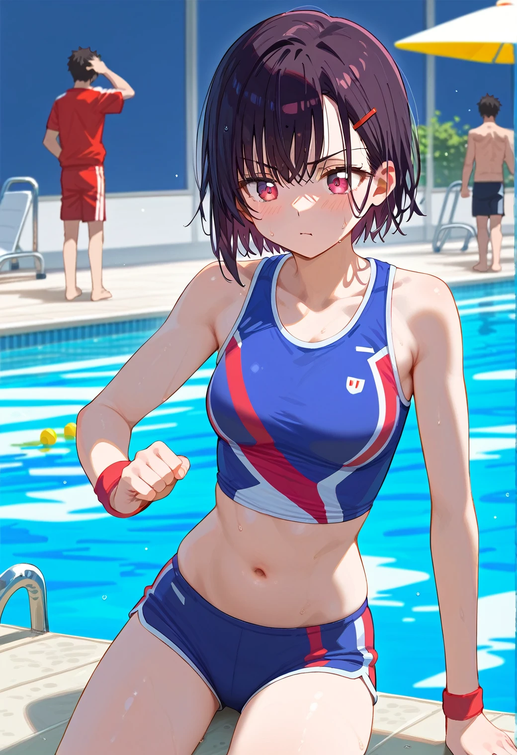 Mikazuki Shizuka, alone,One girl, Sportswear,belly button,A man touches a woman,1boy,Being pushed down,Poolside,BREAKscore_9, score_8_Excellent, score_7_Excellent, anime