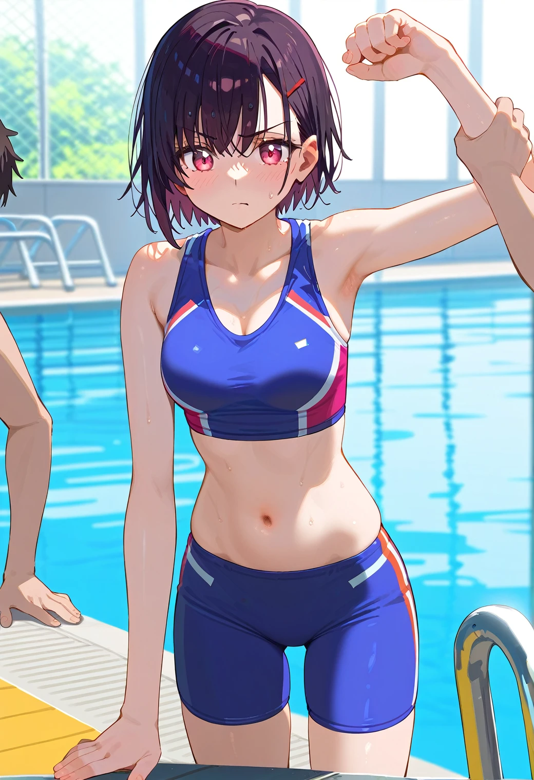 Mikazuki Shizuka, alone,One girl, Sportswear,belly button,A man touches a woman,1boy,Being pushed down,Poolside,BREAKscore_9, score_8_Excellent, score_7_Excellent, anime