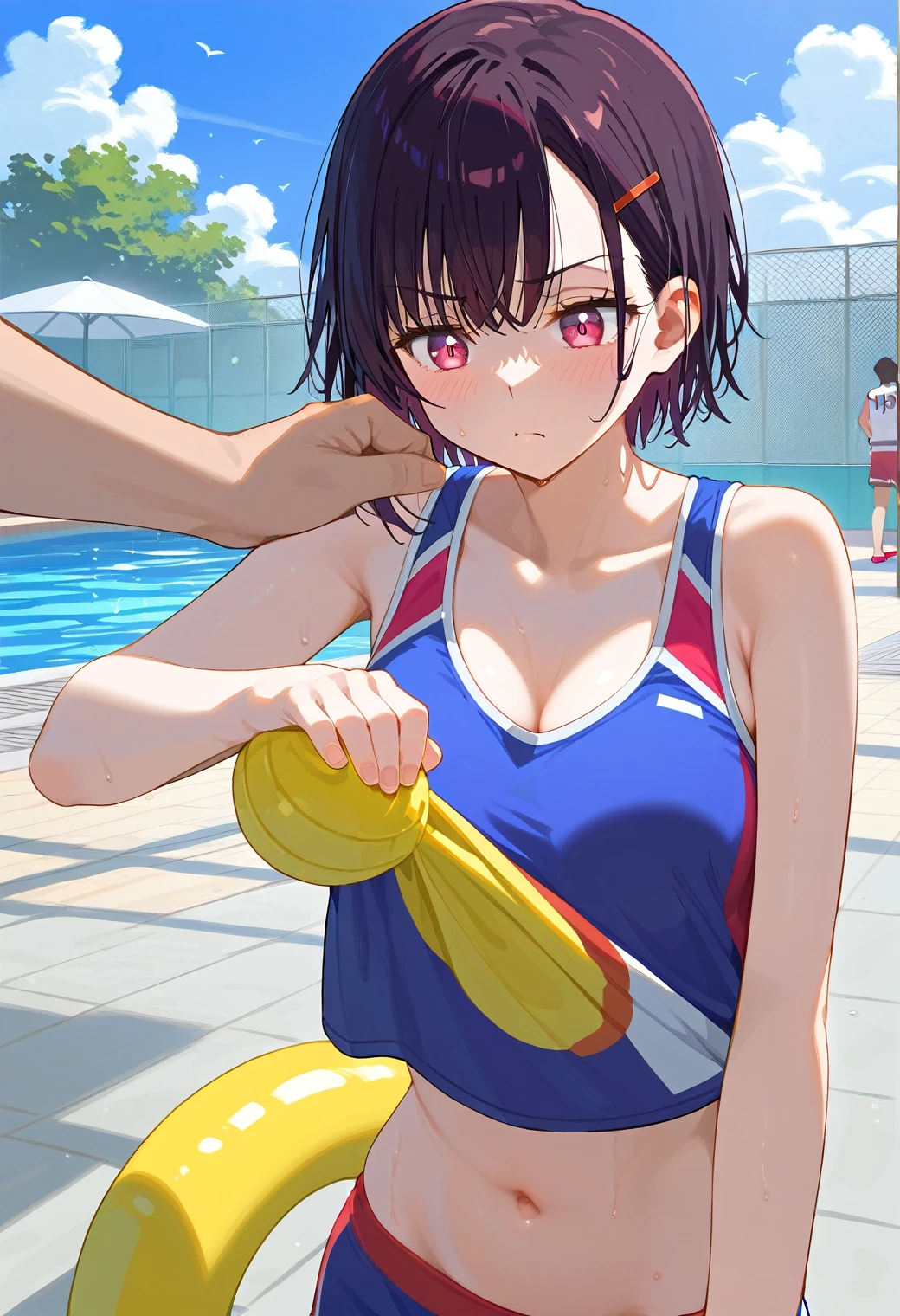 Mikazuki Shizuka, alone,One girl, Sportswear,belly button,A man touches a woman,1boy,Being pushed down,Poolside,BREAKscore_9, score_8_Excellent, score_7_Excellent, anime