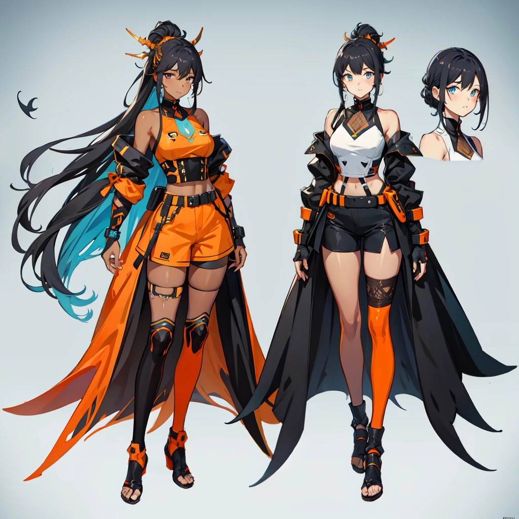 (((concept Art))), (((One character))), Female, (((Dark Skin)))), Black Hair with Ponytail, Light Blue Eyes, Round Glasses with a Slightly Dark Lens with this Lens being Orange, and the Light Blue Color frame, ((Black Metallic Gauntlets and Greaves with Orange and Silver Highlights)), (((The Clothes Have a Mix of Modern and Tribal))), (((The Clothes Have a Mix of Modern and Tribal))),  having mostly the color black, but having parts in orange, shoulders exposed, at the hip a shorts that extend to half of the thigh of black color.