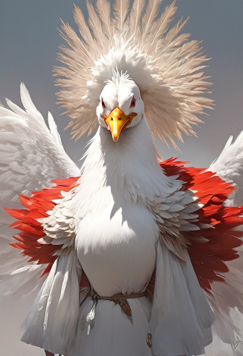 Red fleece, white hen in a white dress, anthropomorphic hen, chicken feather armor, Wojtek Fus, fantasy duck concept portrait, art by Wlop and Greg Rutkowski, Sergey Kolesov concept art, surreal concept art, cool character art, very realistic concept art, epic exquisite character art