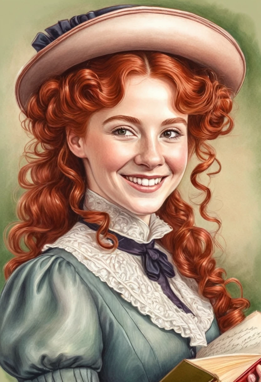 A colored pencil drawing of a pretty smiling happy victorian governess, curly auburn red hair. Kind and inteligent, joyful energy. hair in bun, hat. book of poetry in hand.