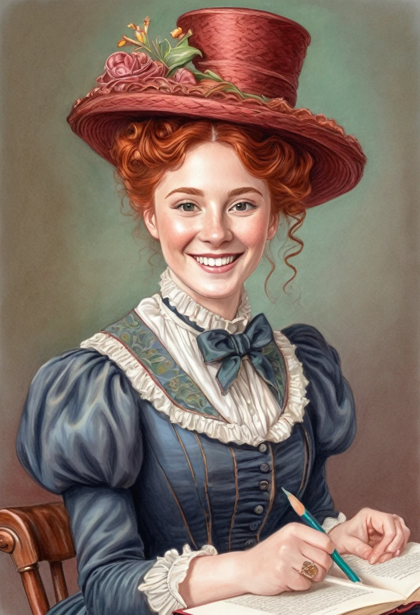 A colored pencil drawing of a pretty smiling happy victorian governess, curly auburn red hair. Kind and inteligent, joyful energy. hair in bun, hat. book of poetry in hand.