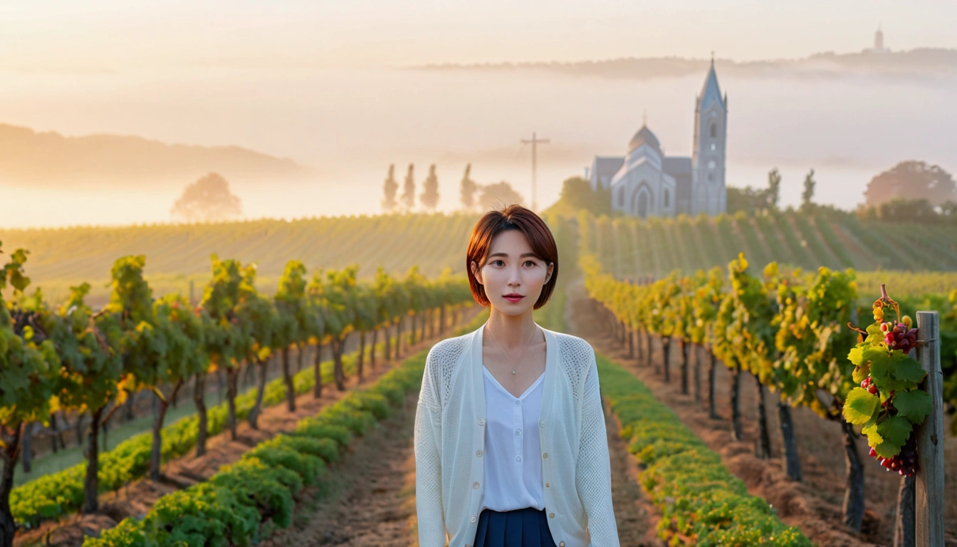8k, 36 year old Korean woman, pretty like a model, Short hair, White shirt and short cardigan, early morning fog before sunrise, path, vineyard, Cathedral, Vivid picture quality, Realistic perfect picture quality, Dawn fog with a blue glow, without grapes