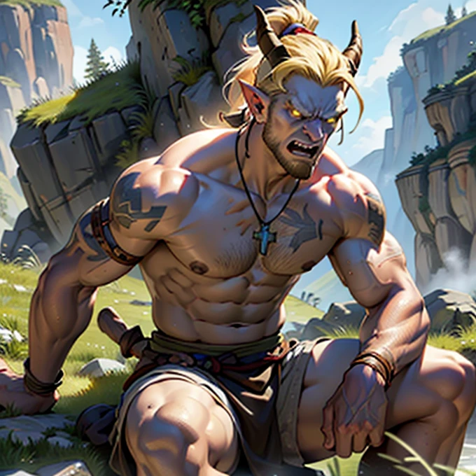 Photorealistic, realistic, solo, photorealistic, best quality, ultra high res, 1troll, sits, blonde hair in a ponytail, (muscular), wearing a small short loincloth (in brown leather), off-shoulder, strapless, breeze blowing through the grass, mountainous terrain, 1troll, ((Middle Ages)), (((medieval fantasy))), rugged wilderness, masterpiece, best quality, extremely detailed face, perfect lighting, 1troll, solo, (((angry))), (((aggressive))), best quality, ultra high res, photorealistic ultra detailed, masterpiece, best quality, large muscular features, cleavage, goat horns