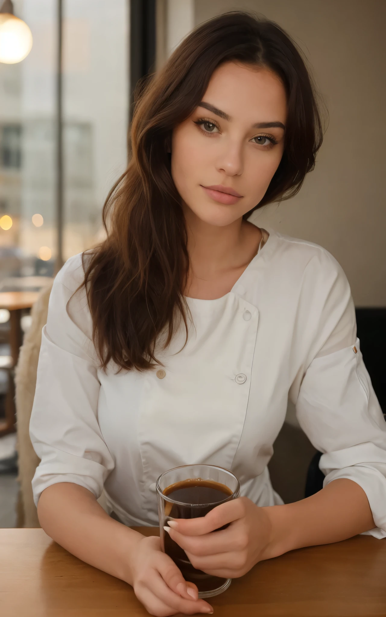 Jolie belle brune avec pull jaune (Drinking coffee in a modern cafe at sunset), very detailed, 18 ans, Visage innocent, naturally wavy hair, yeux bleus, high resolution, chef-d&#39;artwork, Meilleur Qulaity, Intricate details, very detailed, mise au point nette, detailed skin, texture de peau réaliste, texture, detailed eyes, professionnel, 4K, sourire charmant, prise avec Canon, 85 millimeters, Light depth of field, Kodak Vision Couleur, corps parfaitement ajusté, Extremely detailed, photographier_\(ultra\), photographicrealistic, realistic, Post-traitement, Maximum details, roughness, vrai vie, ultraRealistic, photorealism, photographie, 8K UHD, photographie