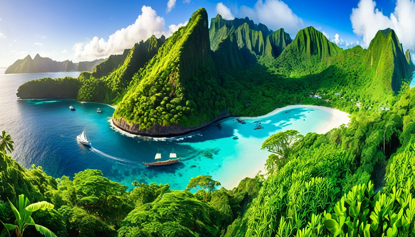 A scenes of diverse, vibrant environments: Exotic island, lush forests, bustling cities, serene oceans