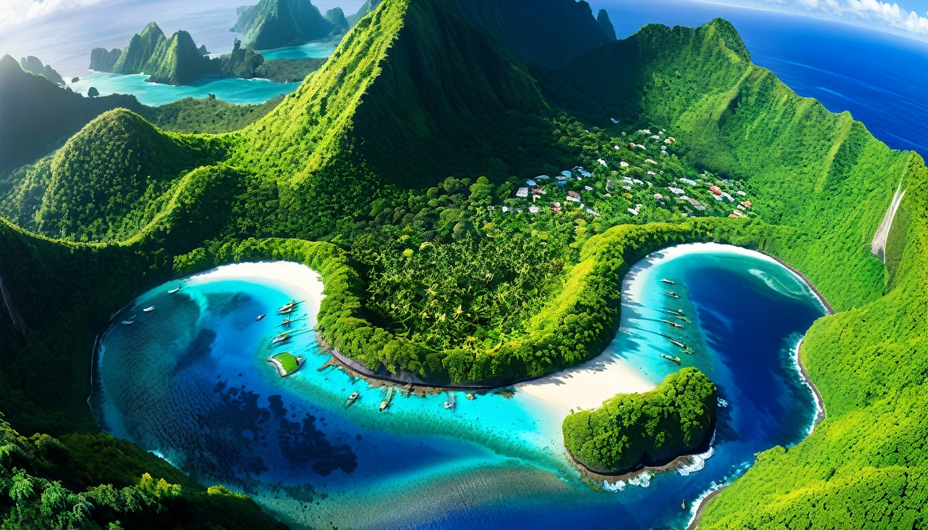 A scenes of diverse, vibrant environments: Exotic island, lush forests, bustling cities, serene oceans