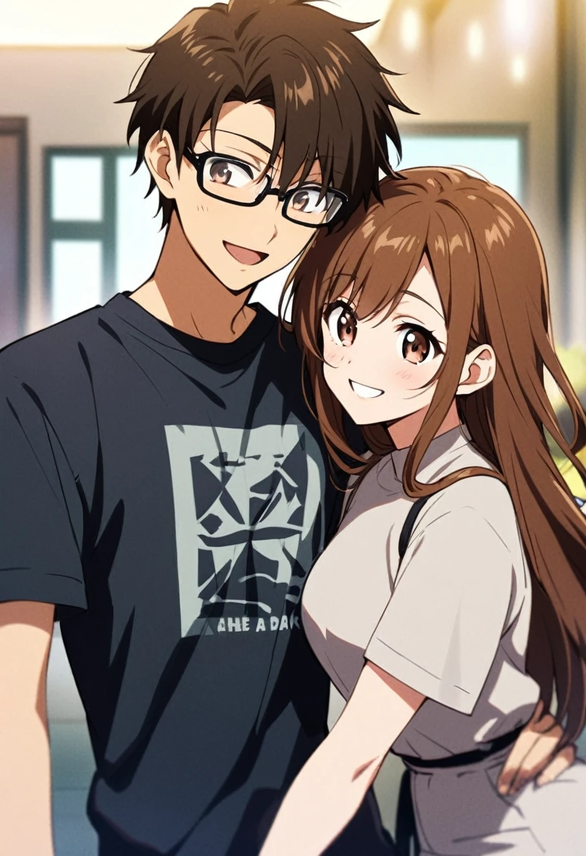 anime, two people, one beautiful female with long brown hair and no glasses, the other person is a male with short dark brown hair and black rimmed glasses, they are boyfriend and girlfriend, both smiling 