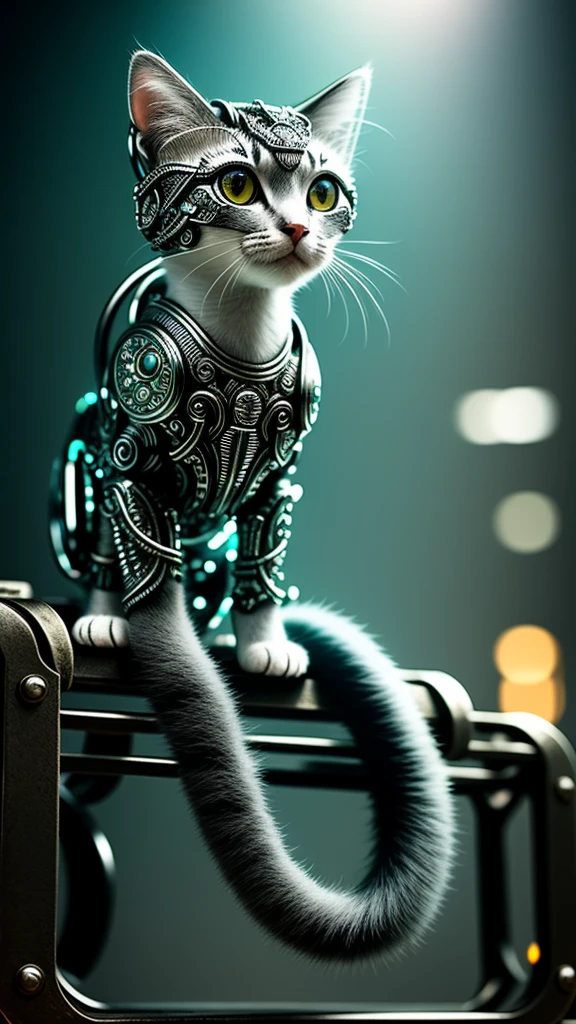 a cute kitten made out of metal, (Cyborg:1.1), ([Tail | detailed wire]:1.3), (Intricate details), hdr, (Intricate details, ultra - detailed:1.2), cinema shot, Vignette, Centered