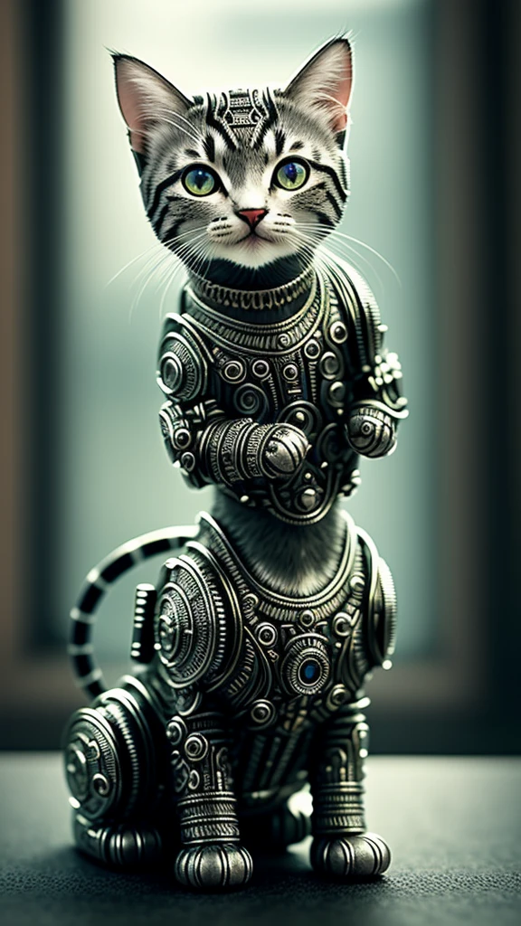 a cute kitten made out of metal, (Cyborg:1.1), ([Tail | detailed wire]:1.3), (Intricate details), hdr, (Intricate details, ultra - detailed:1.2), cinema shot, Vignette, Centered