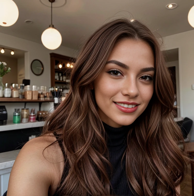 A 22-year-old woman with an elegant appearance. A 22-year-old model posing in a cozy coffee shop. The warm light from the shop creates a welcoming ambiance. My long, wavy chestnut hair cascades over my shoulders and frames my face, highlighting my green eyes. My full, dark red lips are shaped into a smile. My button nose is sprinkled with freckles, contrasting with my tanned skin. My eyebrows are thick and dark, giving me a seductive look. My cheekbones are high and defined, and my eyelashes are long and curled. My curves are accentuated. My pose is elegant and relaxed, with my body facing the camera and my face turned to one side. I’m wearing a cozy sweater and a high-waisted skirt. My hair is loose, and my makeup is light and natural. The shot is taken from a distance, with the camera positioned slightly lower to emphasize my beauty. There is a cozy, intimate atmosphere, and I am laughing and smiling, looking happy. My teeth are white. My hands are not in the frame. The photo quality is from an iPhone 13.
Long bronze hair Big brest nipple nice clevage red lips