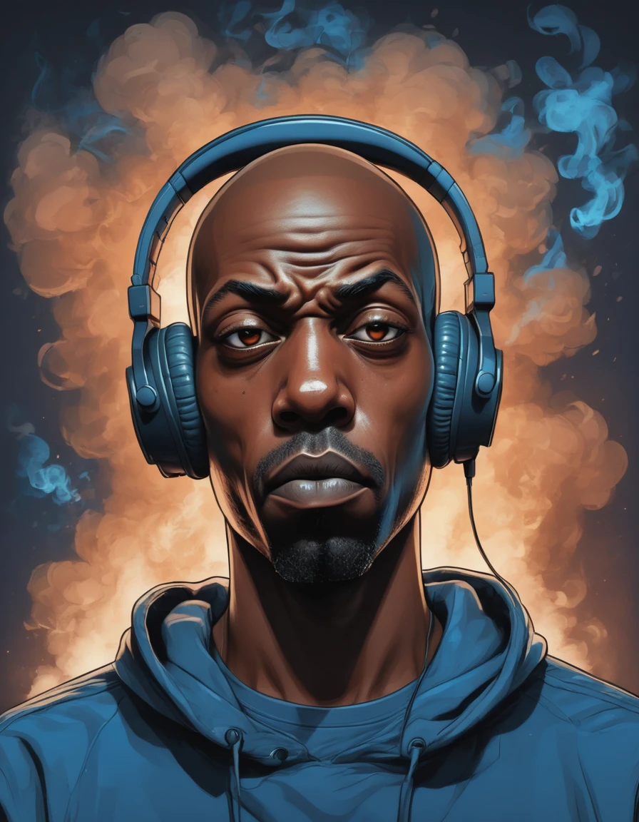breathtaking vector cartoon illustration of shawt a black man ,wearing headphones, in a room full of smoke ,Anastomosing, Electric Blue, galactic, Ivan Albright, Sick, mean expression, twinkling eyes, and a bald head