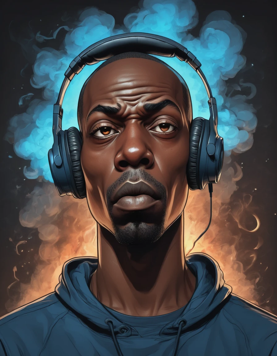 breathtaking vector cartoon illustration of shawt a black man ,wearing headphones, in a room full of smoke ,Anastomosing, Electric Blue, galactic, Ivan Albright, Sick, mean expression, twinkling eyes, and a bald head