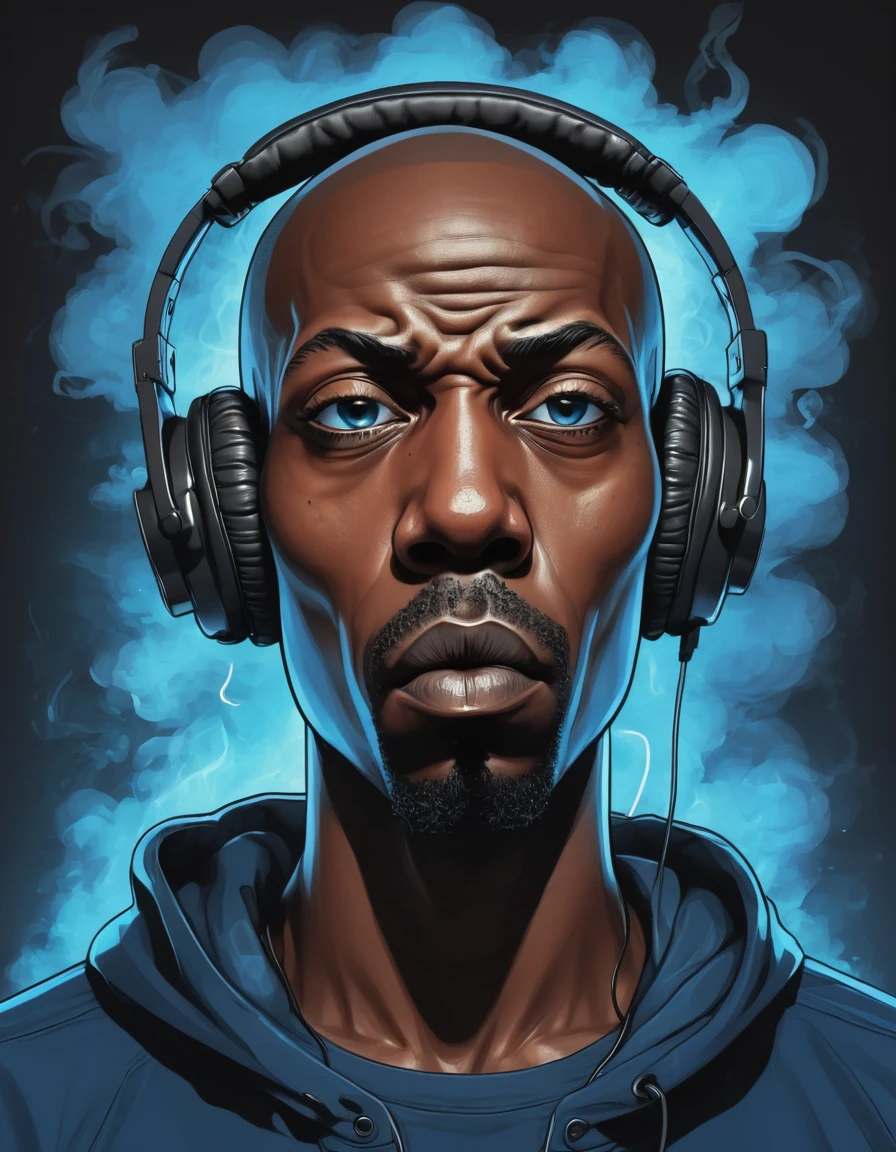 breathtaking vector cartoon illustration of shawt a black man ,wearing headphones, in a room full of smoke ,Anastomosing, Electric Blue, galactic, Ivan Albright, Sick, mean expression, twinkling eyes, and a bald head
