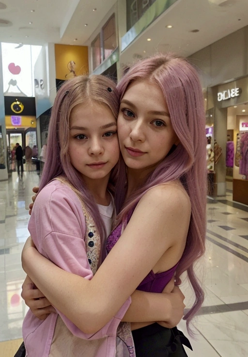 a blonde woman, long pink and purple hair, at the mall, Realistic selfie, hugging an  boy