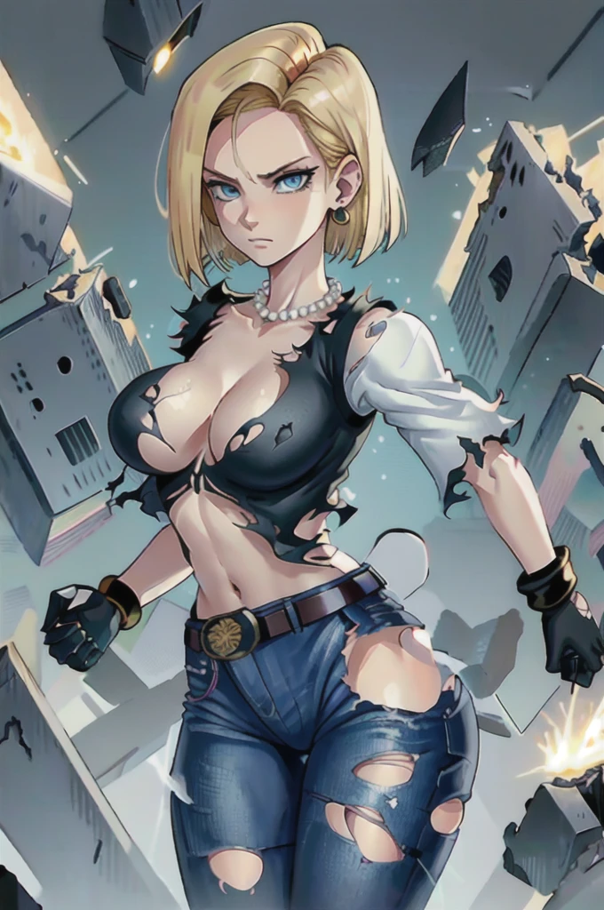best quality, high definition, and18, 1girl, Android 18, solo, blonde hair, blue eyes, belt, jeans, pearl_necklace, bracelet, black gloves, cleavage, white shirt, short hair, short sleeves, earrings, blue pants, open vest, black vest, big breasts, wide hips, ass, legs apart, city, (torn clothes: 1.5), erotica, standing, expressionless,