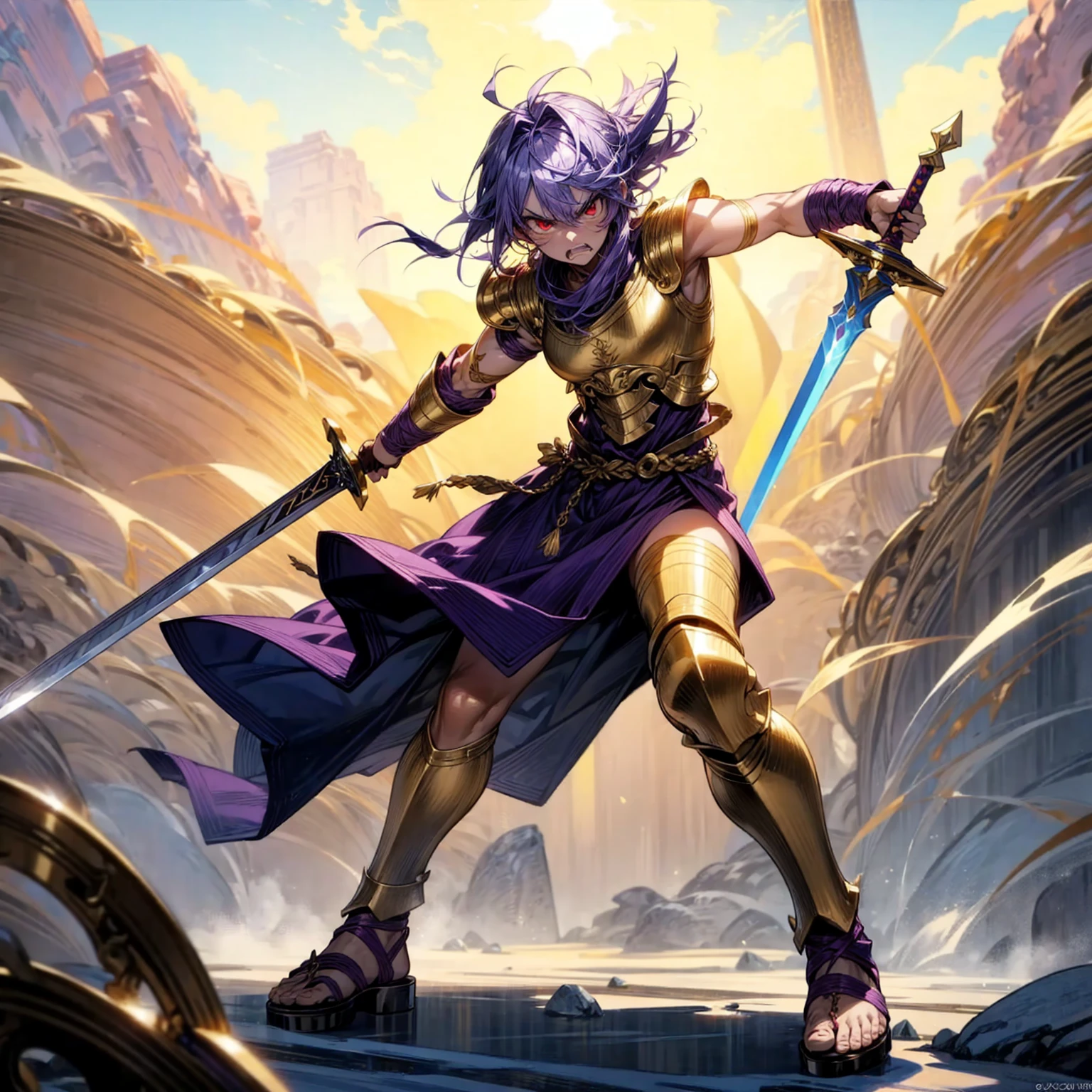 Full background, red eyes, angry, angry eyes, angry mouth, Curly hairstyle, purple colour hair, motion blur, lighting, gold gold, sword in hand, sandals