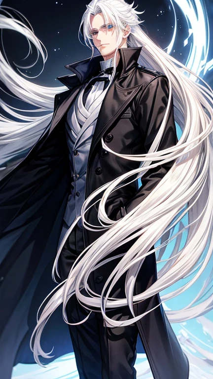 Anime style character White hair Blue eyes Wearing black overcoat with various details 1,78 Tall Handsome White Male Long Hair Tied