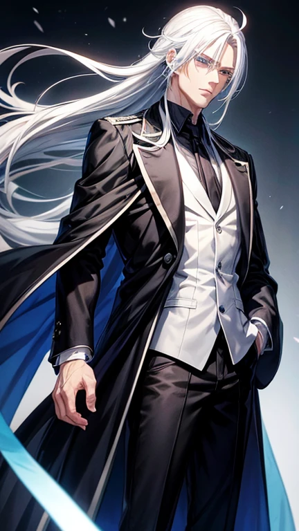 Anime style character White hair Blue eyes Wearing black overcoat with various details 1,78 Tall Handsome White Male Long Hair Tied