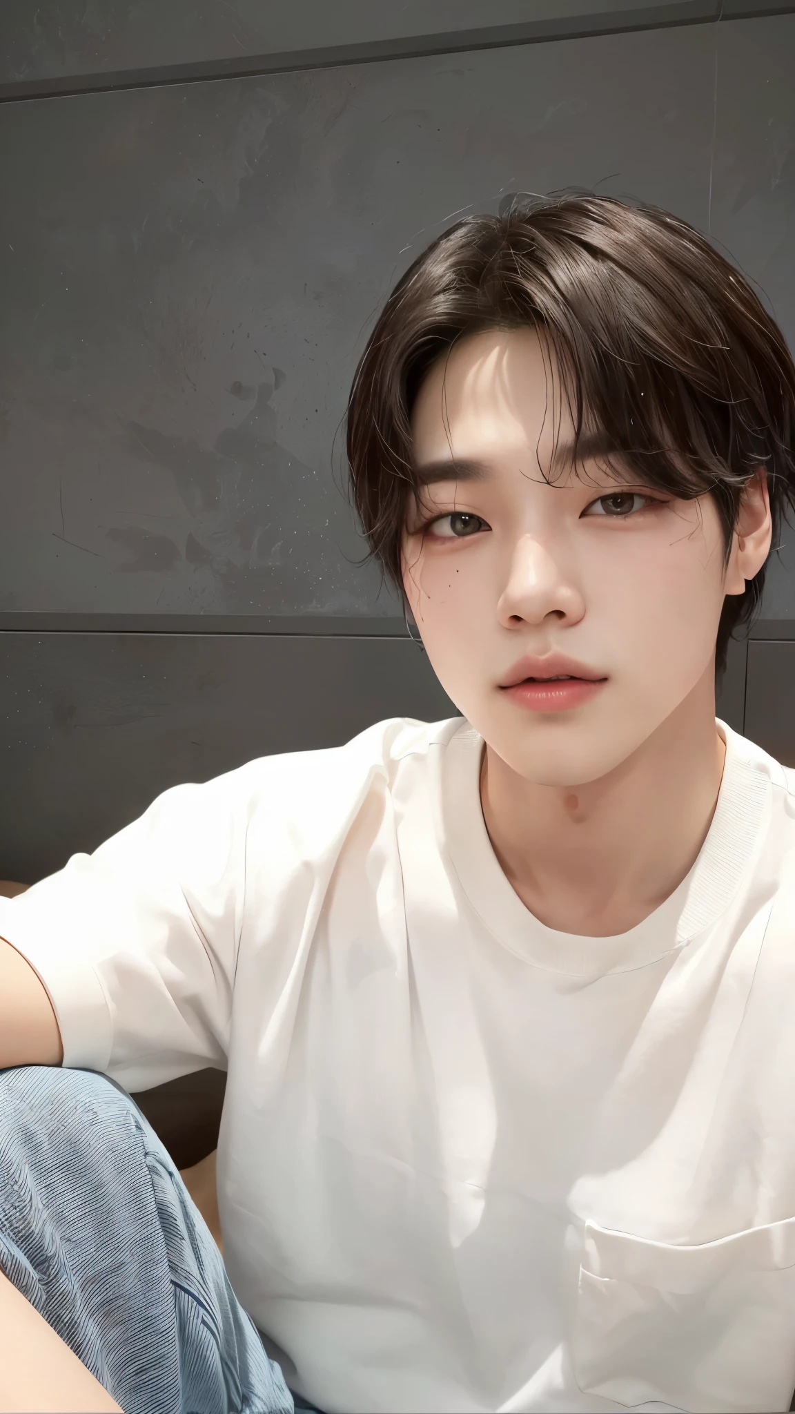 There is a woman sitting on a bed with a remote control, Jimin\fleshy lips, Jimin\the right eyelid is swollen, accurate Jimin face, Jimin, Jimin\the Greek nose, park Jimin, hyung tae, Tae June Kim, Kim Doyoung, Hong Jun Hyung, hyung tae kim, Shin Jeongho, steven jung