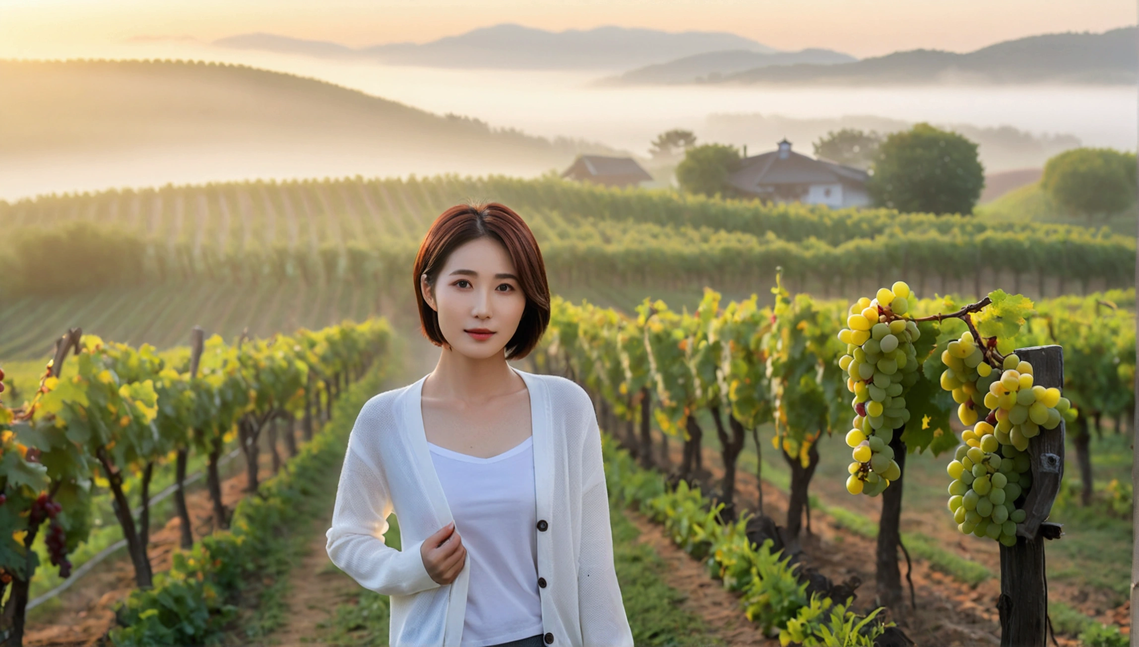 8k, 36 year old Korean woman, pretty like a model, Short hair, White shirt and short cardigan, early morning fog before sunrise, path, vineyard, rural village, Vivid picture quality, Realistic perfect picture quality, Dawn fog with a blue glow, without grapes