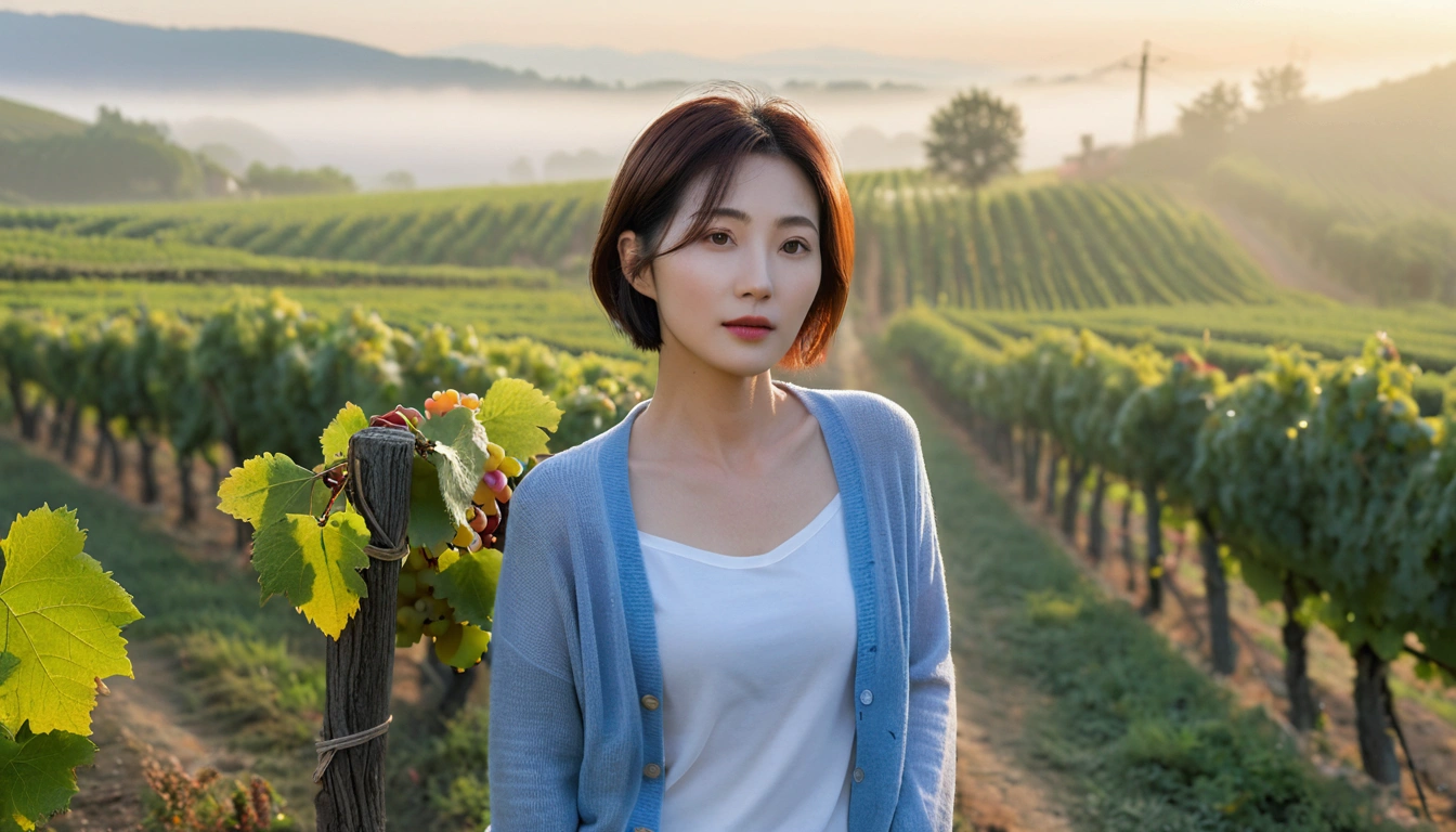8k, 36 year old Korean woman, pretty like a model, Short hair, White shirt and short cardigan, early morning fog before sunrise, path, vineyard, rural village, Vivid picture quality, Realistic perfect picture quality, Dawn fog with a blue glow, without grapes