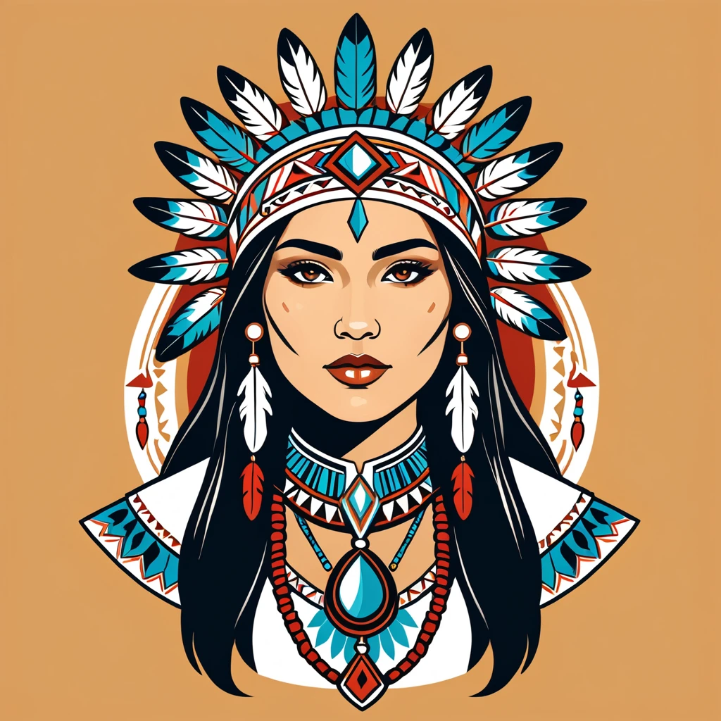 female cleric in native american folk outfit ,vector graphics, strong contours, logo design