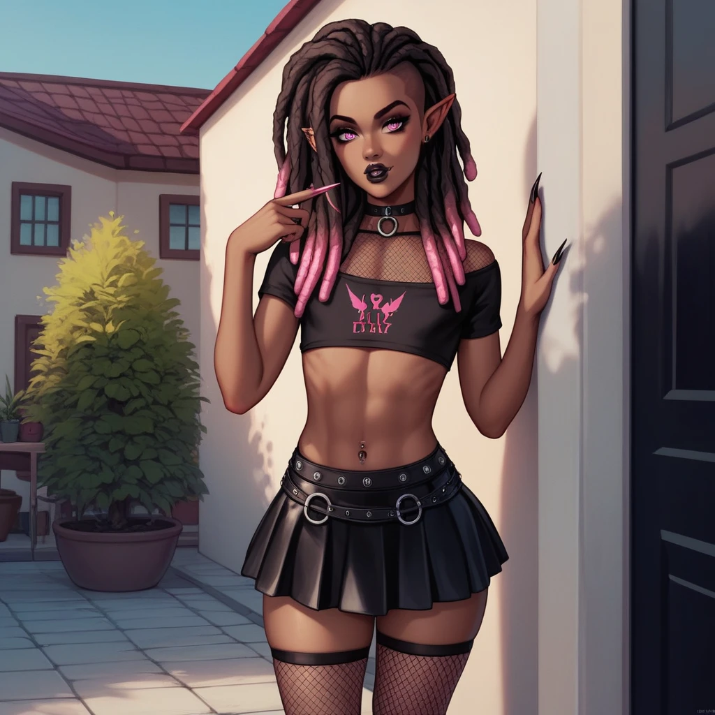 Best quality, highly detailed, ultra detailed, 1 brown skin boy, flat chest, male chest, slim curvy body, long pink dreadlocks, pink dreadlocks, pink eyes, vampire, pointy ears, sharp nails, black lipgloss, goth, black crop top, black mini skirt, fishnets, big , outside, patio, close up