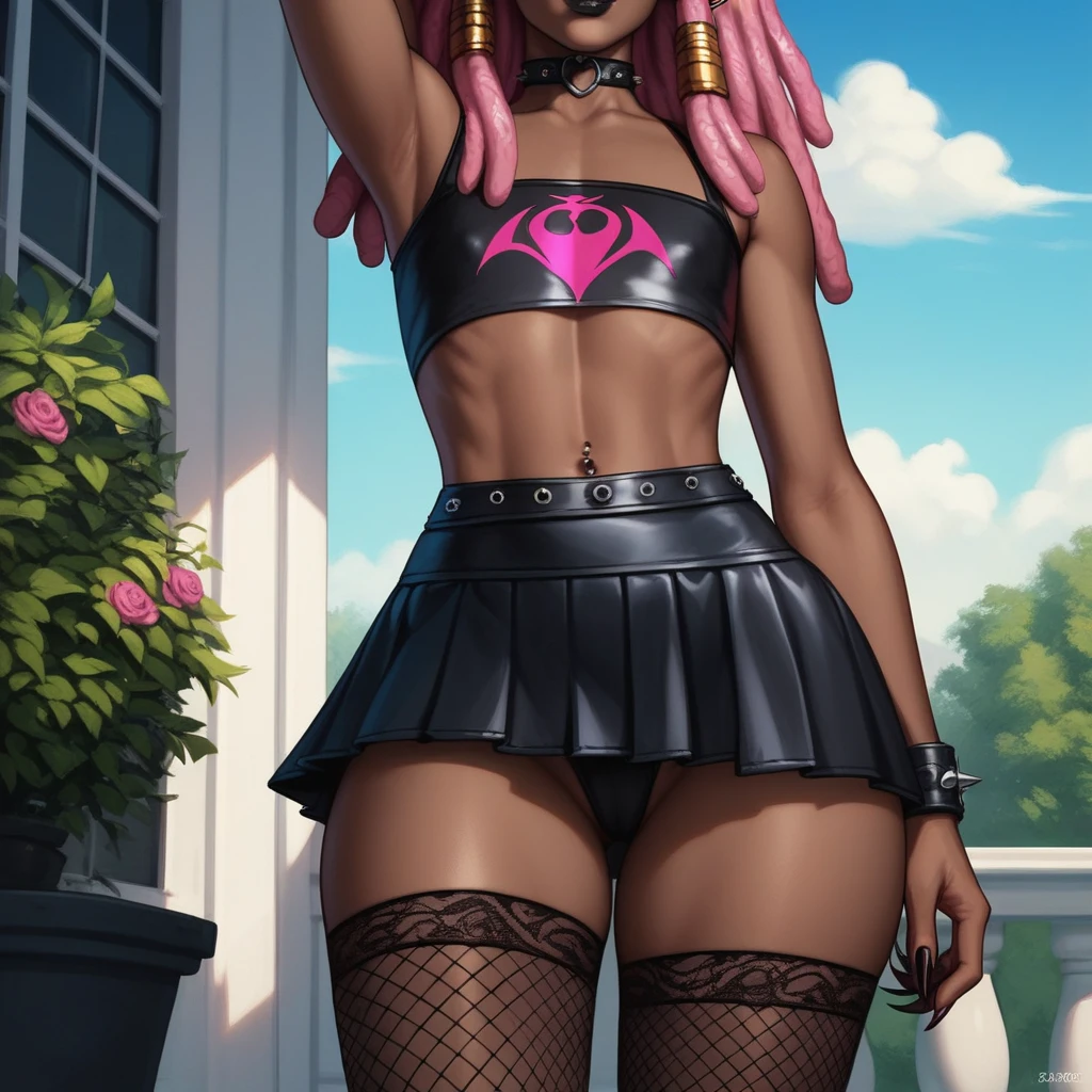 Best quality, highly detailed, ultra detailed, 1 brown skin boy, flat chest, male chest, slim curvy body, long pink dreadlocks, pink dreadlocks, pink eyes, vampire, pointy ears, sharp nails, black lipgloss, goth, black crop top, black mini skirt, fishnets, big butt, outside, patio, close up