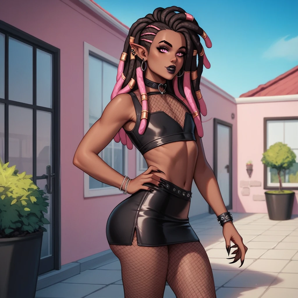 Best quality, highly detailed, ultra detailed, 1 brown skin boy, flat chest, male chest, slim curvy body, long pink dreadlocks, pink dreadlocks, pink eyes, vampire, pointy ears, sharp nails, black lipgloss, goth, black crop top, black mini skirt, fishnets, big butt, outside, patio, close up