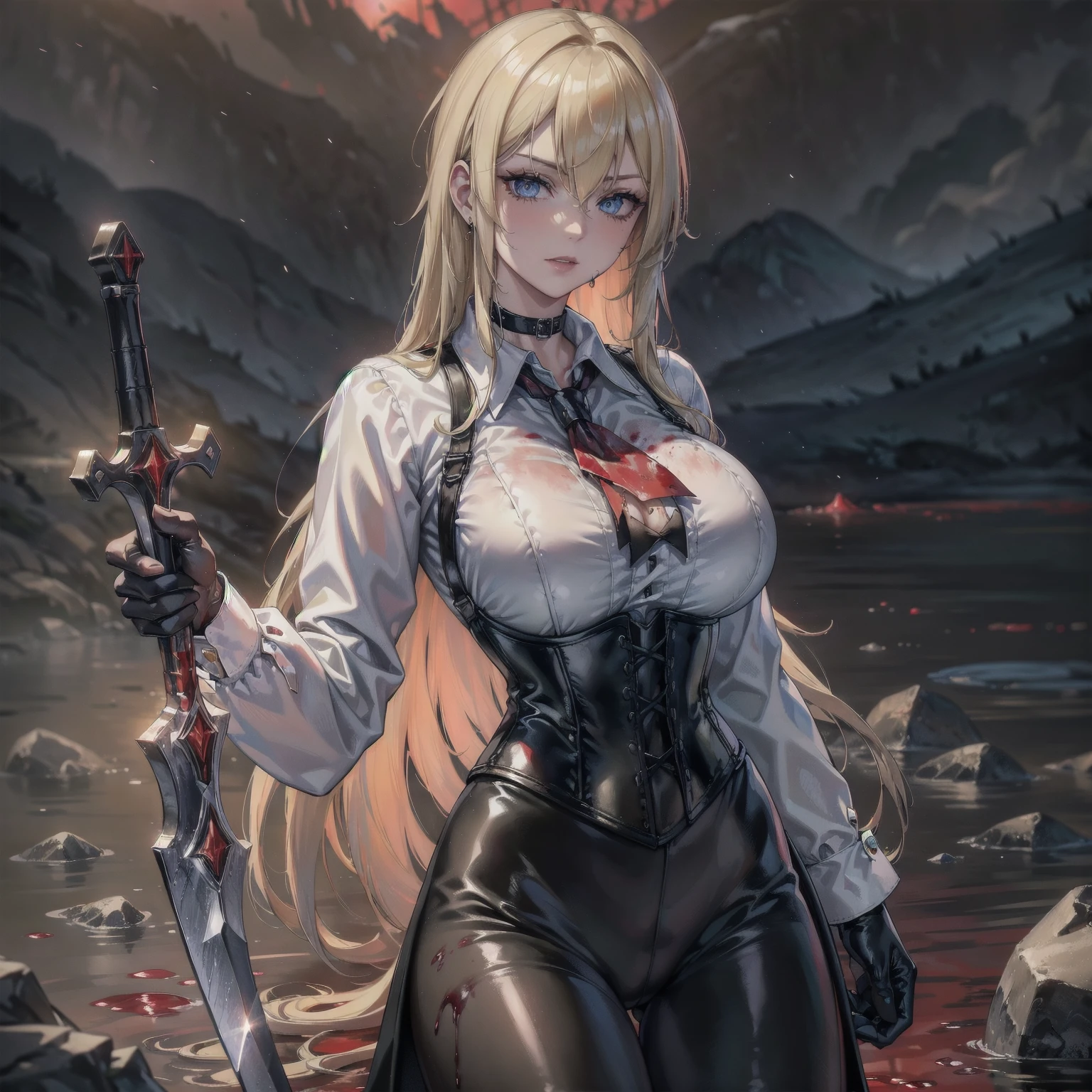 ((blood droplets)), ((blood)), ((blood splatter)), ((blood on clothes)) ((blood stain)), masterpiece, Superior image quality, High resolution, 4k image,photo and gross, photorealistic, Whole body, torn clothes,  1 young blonde of  years, fighting pose, {{{vagina}}}, big breasts, beautiful face, Long blonde hair, blue eyes, very detailed eyes,  serious expression, choker:1.6, (white collar button down long sleeve shirt), black gloves, gloves that cover hands, (wields a sword in his right hand), (black leather corset), (shiny black leggings), Sensual Lips, show details in the eyes, View from the front, looking at the viewer, standing on the shore of a lagoon, gloomy lagoon, atmosphere, crimson sky