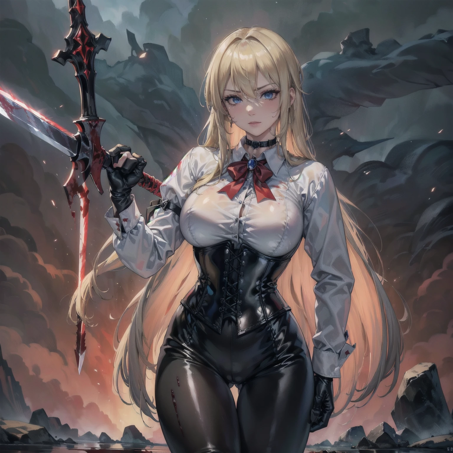 ((blood droplets)), ((blood)), ((blood splatter)), ((blood on clothes)) ((blood stain)), masterpiece, Superior image quality, High resolution, 4k image,photo and gross, photorealistic, Whole body, torn clothes,  1 young blonde of  years, fighting pose, {{{vagina}}}, big breasts, beautiful face, Long blonde hair, blue eyes, very detailed eyes,  serious expression, choker:1.6, (white collar button down long sleeve shirt), black gloves, gloves that cover hands, (wields a sword in his right hand), (black leather corset), (shiny black leggings), Sensual Lips, show details in the eyes, View from the front, looking at the viewer, standing on the shore of a lagoon, gloomy lagoon, atmosphere, crimson sky