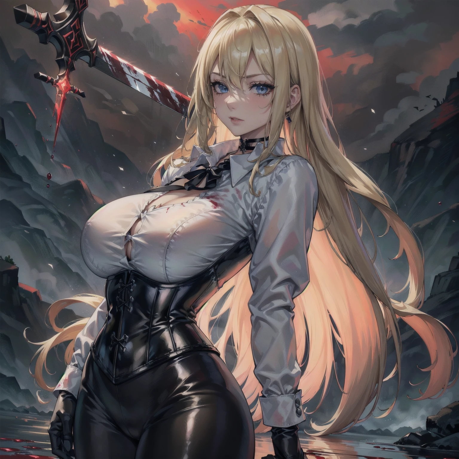 ((blood droplets)), ((blood)), ((blood splatter)), ((blood on clothes)) ((blood stain)), masterpiece, Superior image quality, High resolution, 4k image,photo and gross, photorealistic, Whole body, torn clothes,  1 young blonde of 15 years, fighting pose, {{{vagina}}}, big breasts, beautiful face, Long blonde hair, blue eyes, very detailed eyes,  serious expression, choker:1.6, (white collar button down long sleeve shirt), black gloves, gloves that cover hands, (wields a sword in his right hand), (black leather corset), (shiny black leggings), Sensual Lips, show details in the eyes, View from the front, looking at the viewer, standing on the shore of a lagoon, gloomy lagoon, atmosphere, crimson sky